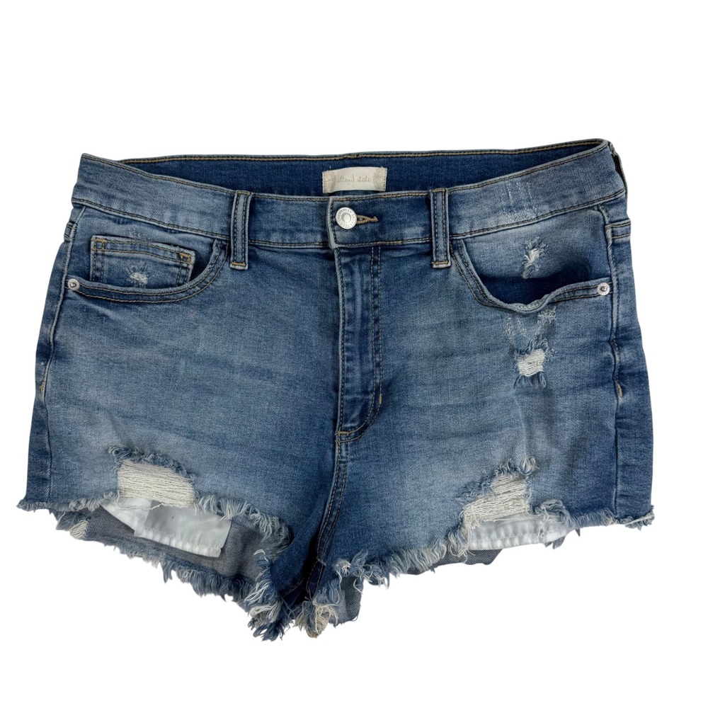 Altar'd State Denim Shorts‎ Womens L Blue Distressed Raw Hem Mid Rise Cutoff